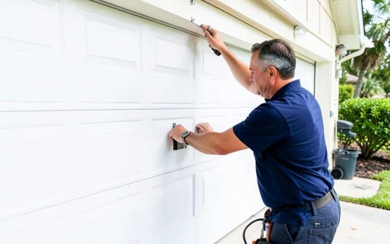 Technician performing garage door repair in Orlando FL